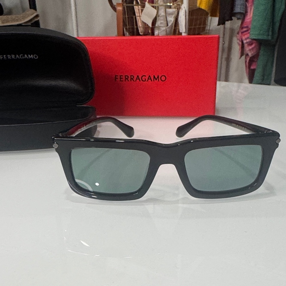 Salvatore Ferragamo Black Frame Sunglasses with Green Lenses